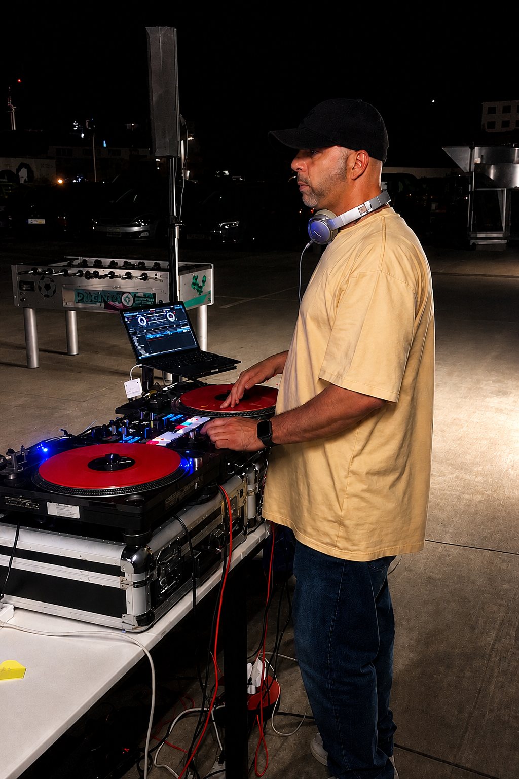 DJ Kerosinone live am Plattenspieler-Setup bei einem Open-Air-Event